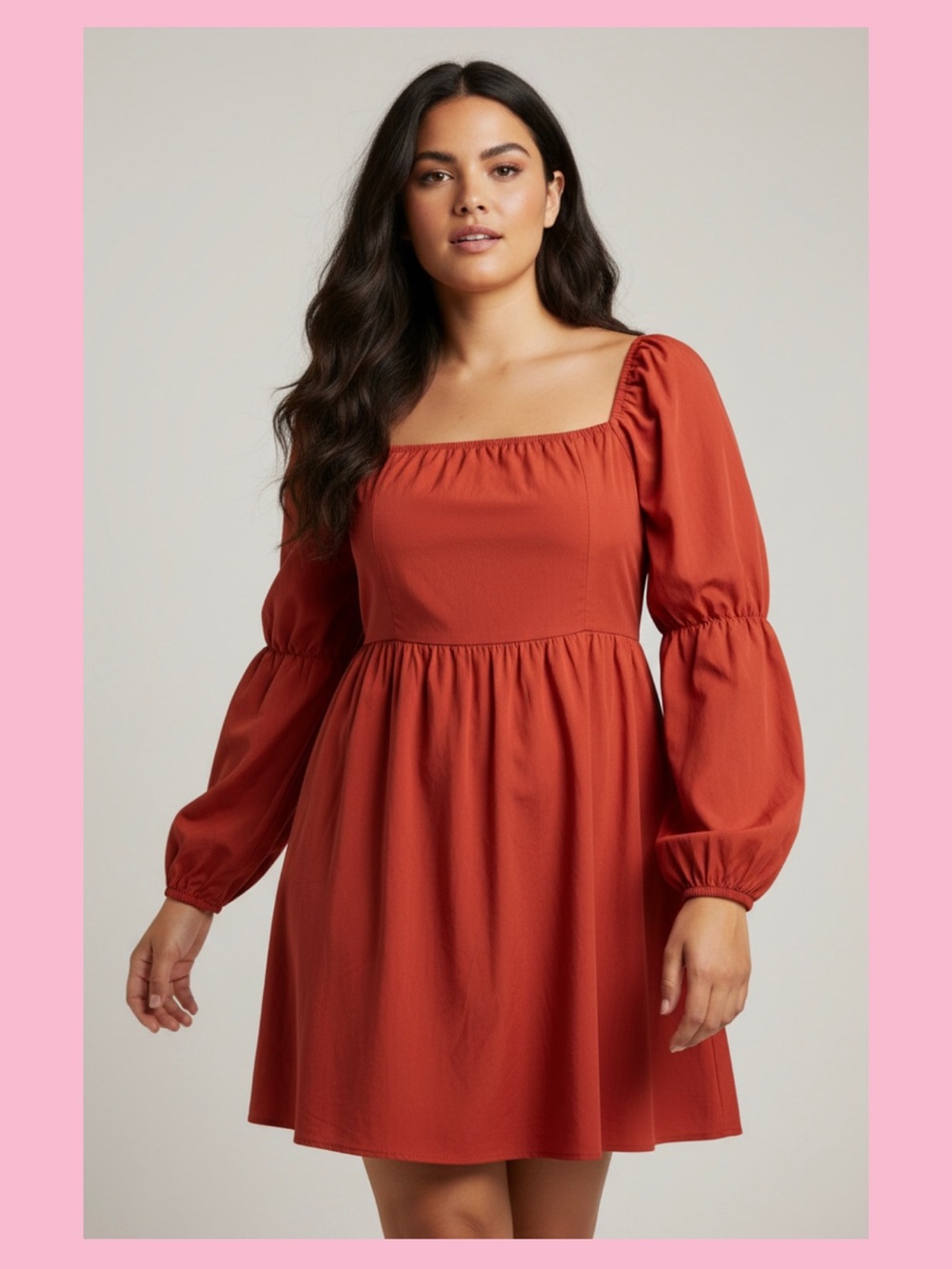 Rust Long-Sleeve Square Neck Mini Dress